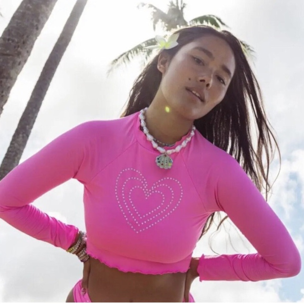 LoveShackFancy x Hurley Rhinestone Heart Vibrant Cotton Candy Pink Rashgaurd Top